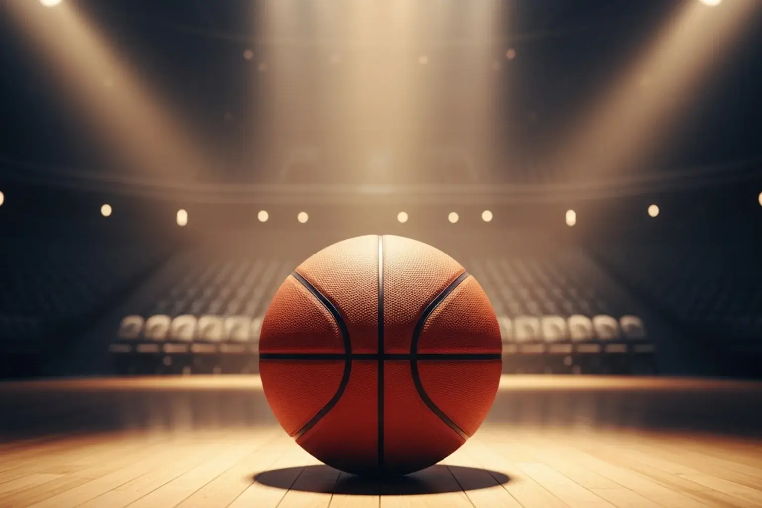 NBA basketball on a hardwood court under arena spotlights with a scoreboard glowing in the background