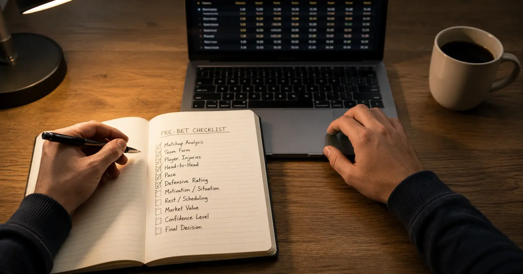 Person reviewing NBA game statistics on a laptop with a notebook and pen beside it