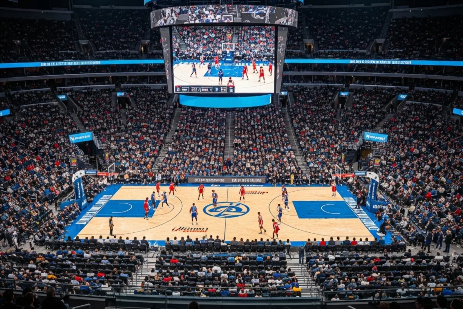 Aerial view of a packed NBA arena during a live game with fans filling every seat