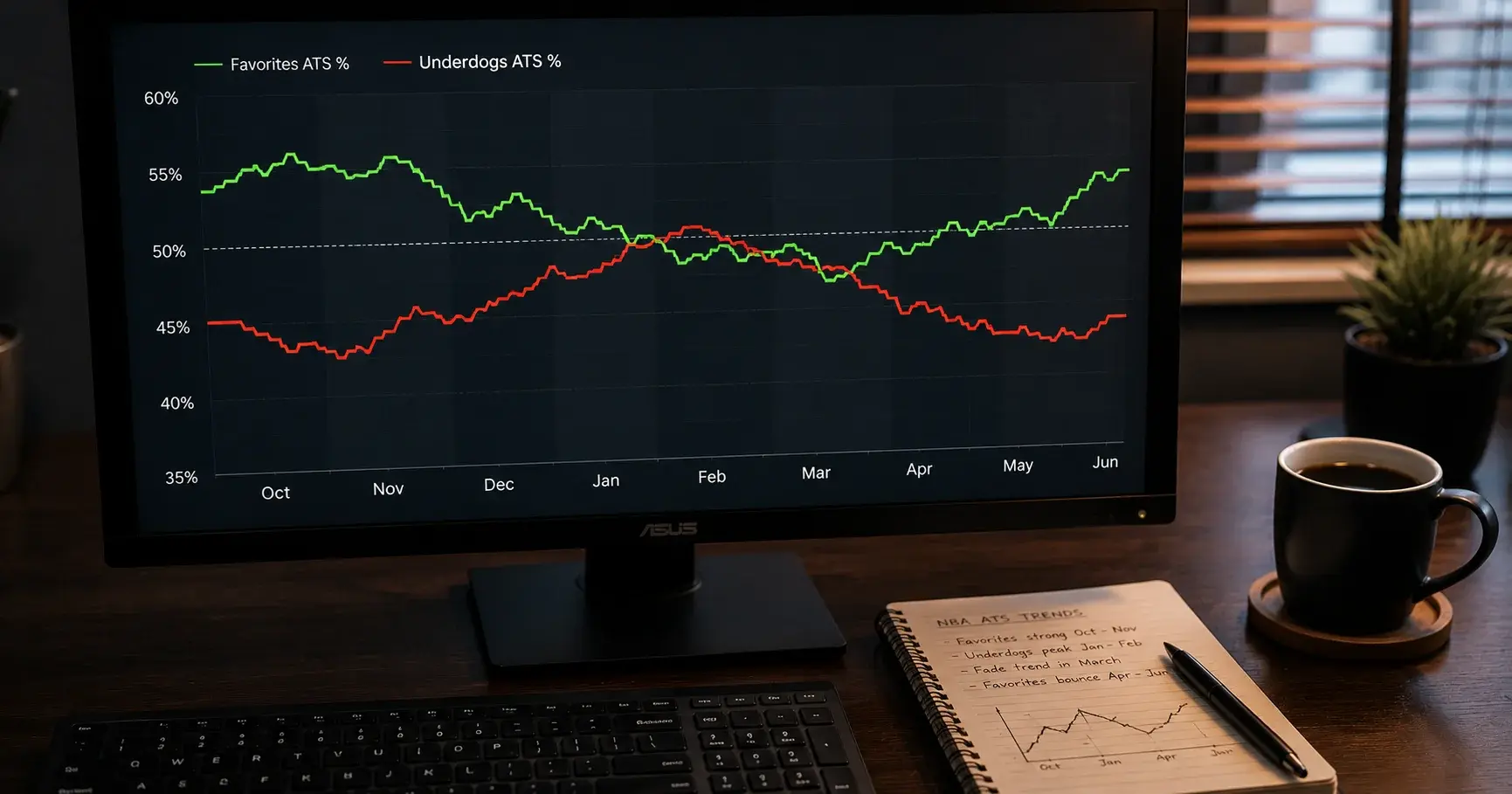 NBA betting trends chart showing seasonal ATS patterns and public percentage data across an NBA season