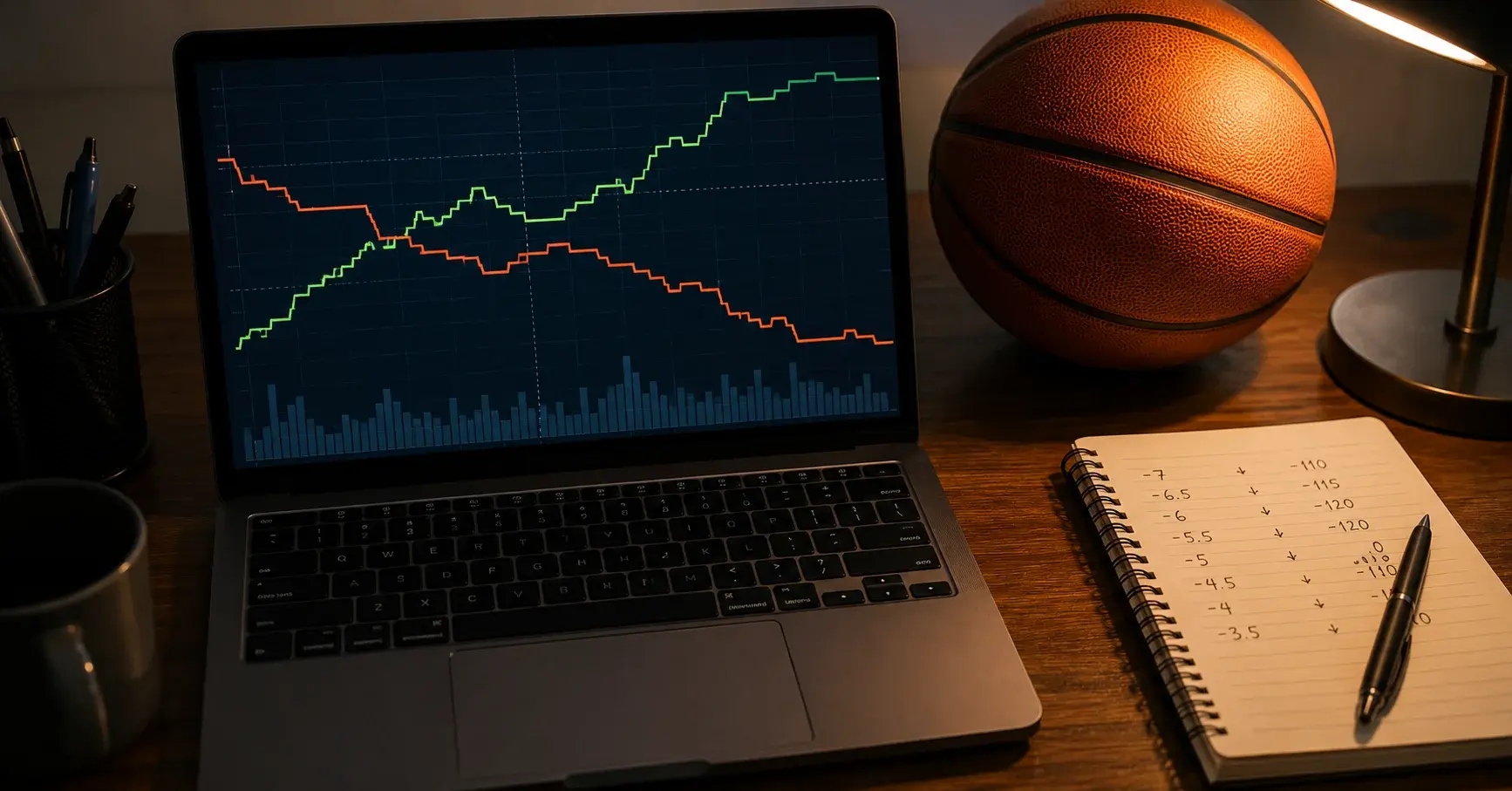 NBA betting line movement chart showing opening and closing spread shifts with sharp money indicators