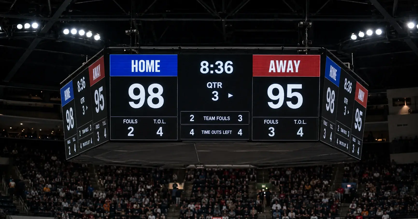 Close-up of an NBA scoreboard displaying the score margin between two teams during a competitive game