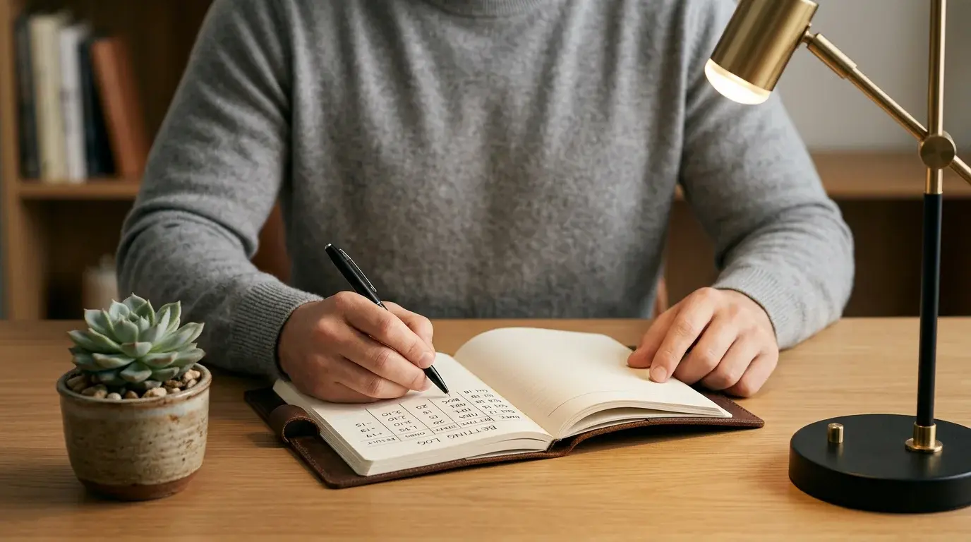 Person writing in a betting journal at a calm desk with a small plant and soft lamp light